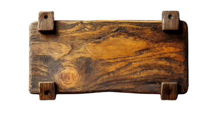 Rustic Wooden Signboard: A weathered, rectangular wooden sign with a rich, dark brown hue and visible wood grain, mounted on dark brown wooden brackets, offering a rustic and vintage aesthetic.