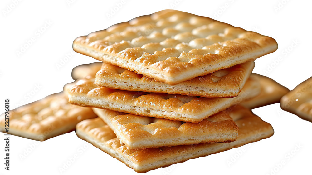 Poster a stack of crackers: close-up of a stack of golden brown, square crackers, showing their texture and