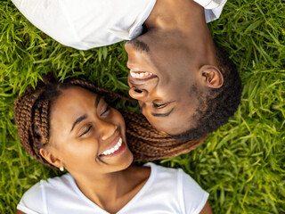 Young couple lying on grass, smiling happily at each other, feeling love and joy.