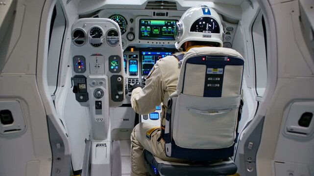 An Astronaut Operating an Advanced Cockpit Console of a Spacecraft Designed for High-Tech Space Missions