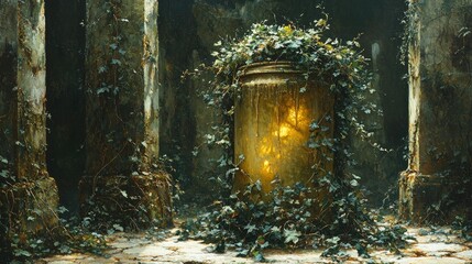 Obraz premium Ancient Column Enveloped In Verdant Ivy Growth