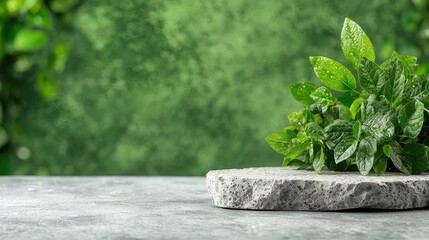 Fresh mint leaves on stone, green background, nature backdrop, product display