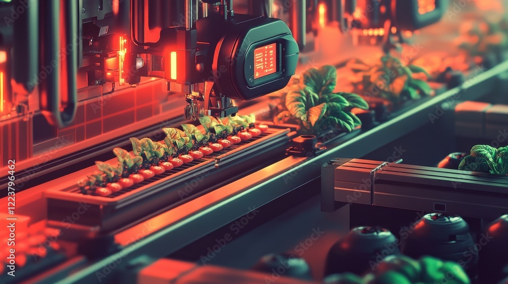 Aufkleber a futuristic smart farm with glowing iot-enabled sensors and machines.
