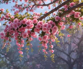 Fototapeta premium Colorful pink floral banner hanging from a tree branch, decoration, holiday, pink