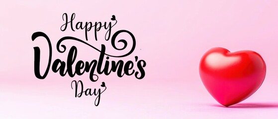 Happy Valentines Day text with red heart on pink background, romantic love concept for greeting card or banner, celebrating love and affection