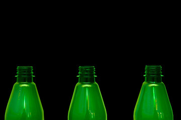 Plastic green bottles with corks for beer, kvass, lemonade, ale, malt