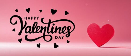 Happy Valentines Day greeting with red heart and black calligraphy on pink background, romantic love concept for holiday celebration