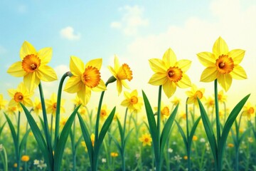 Fototapeta premium Colorful watercolor daffodils in a field setting, bright flowers , field