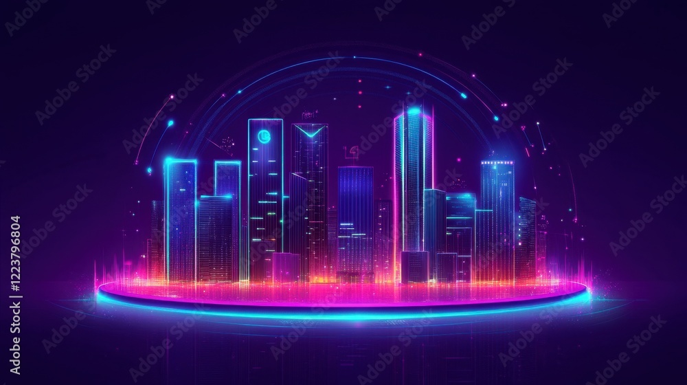 Poster a glowing futuristic cityscape visualizing ai-driven smart city infrastructure.