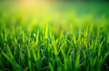 Fototapeta premium Closeup view of vibrant green grass blades. Rich texture, detail of growing grass. Sunlight highlights blades. Fresh, organic growth. Ideal for nature background springsummer imagery. Natural beauty