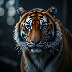 Fototapeta premium Majestic Tiger Portrait: Intense Gaze, Striking Stripes, Dark Background