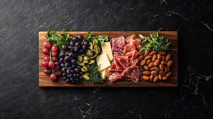 Charcuterie board with assorted cheeses, fruits, and nuts on wooden platter