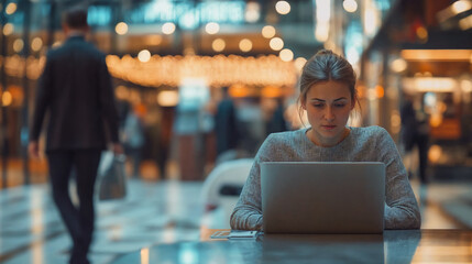 Woman working on laptop in a busy urban shopping center