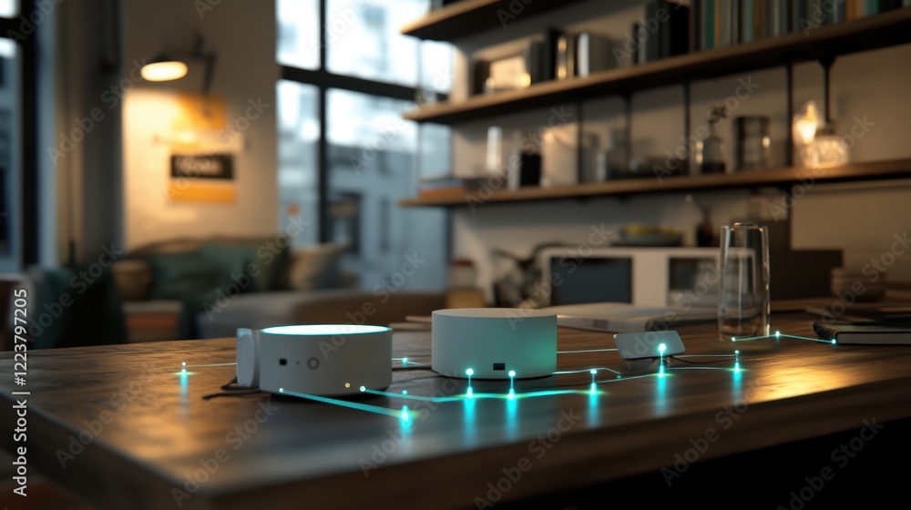 Poster a glowing iot concept with devices connected through a futuristic network.