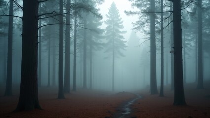Obraz premium A pine forest in the morning mist, with tall trees and soft fog, creating a serene yet mysterious atmosphere.