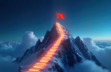 Illuminated pathway leads to mountain peak at night. Steps glow brightly. Red flag stands on top signifying achievement. Clouds surround majestic mountain. Inspiring image of overcoming challenges.