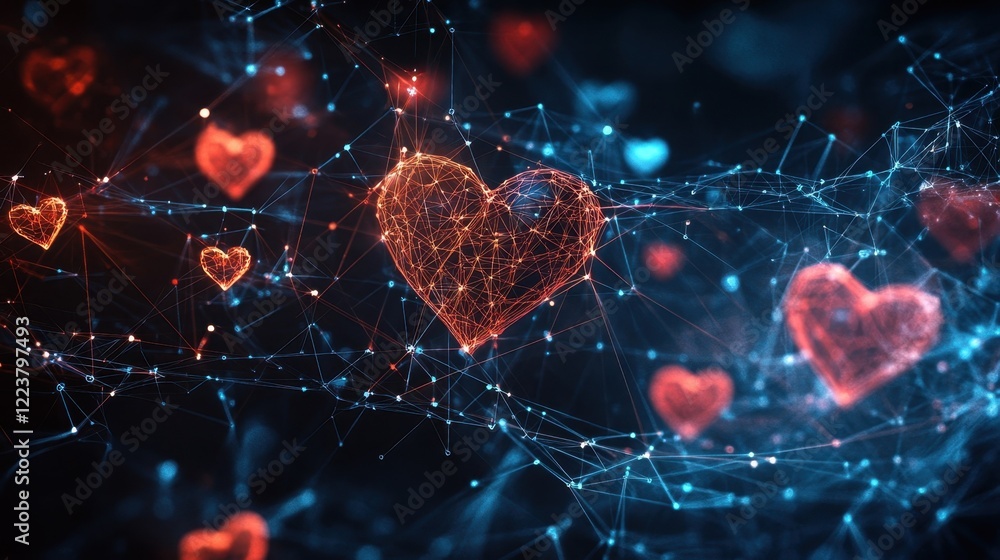 Aufkleber plexus lines forming glowing low poly hearts floating in cyberspace creating romantic atmosphere for