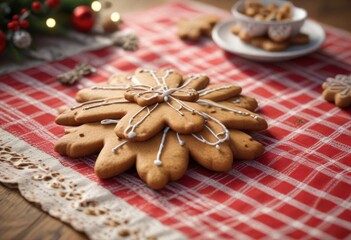 Fototapeta premium Crunchy gingerbread cookie on festive tablecloth, decoration, table