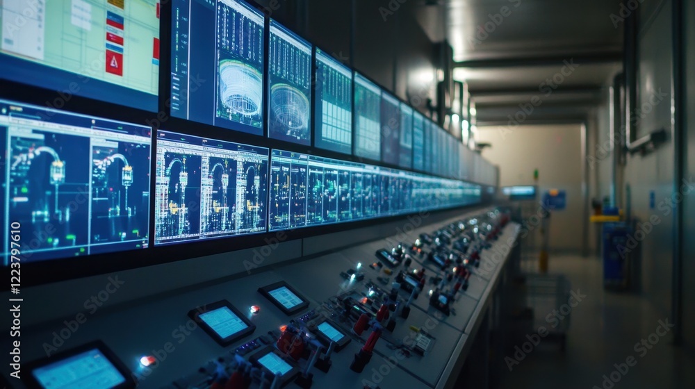 Poster a high-resolution view of a scada system control panel monitoring water treatment processes.