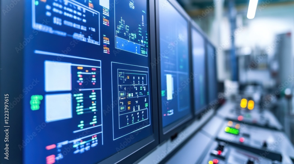 Poster a high-resolution view of a scada system control panel monitoring water treatment processes.