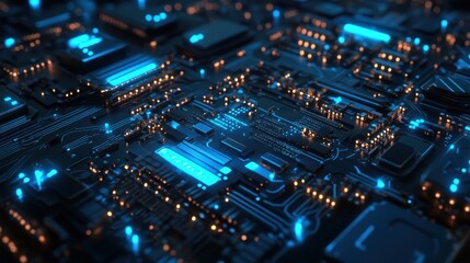 Obraz premium Futuristic Circuit Board Glowing With Blue And Orange Lights