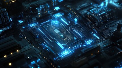 Fototapeta premium Futuristic Motherboard Glowing Blue Circuitry Technology