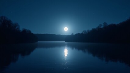 Obraz premium A full moon over a calm lake, with its reflection shimmering on the water and the surrounding trees silhouetted against a starry sky.