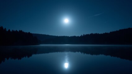 Fototapeta premium A full moon over a calm lake, with its reflection shimmering on the water and the surrounding trees silhouetted against a starry sky.