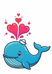 Adorable Cartoon Whale in Sailor Hat Spouting Hearts Valentine s Day Illustration