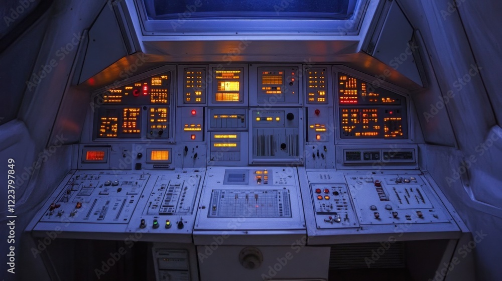 Poster a high-tech cnc machine surrounded by glowing control panels.