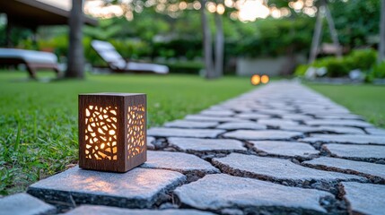 Illuminated path, garden resort, evening ambiance, relaxation. Stock photo for travel brochures