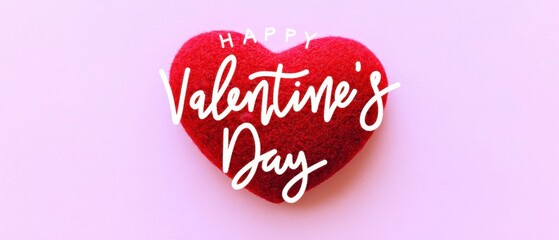 Red heart shaped plush with white Happy Valentines Day text on a light pink background, a romantic and loving concept for holiday greetings and love messages