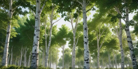 Fototapeta premium group of trees with white bark and green leaves, foliage, trees, woodlands