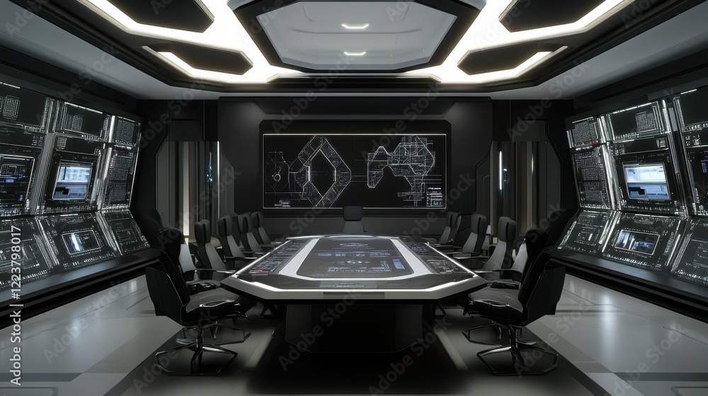 Aufkleber a high-tech control room with mrp system interfaces visualized on wall-mounted displays.