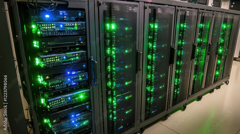 Poster a high-tech data server room with glowing blue and green lights representing ai processing.
