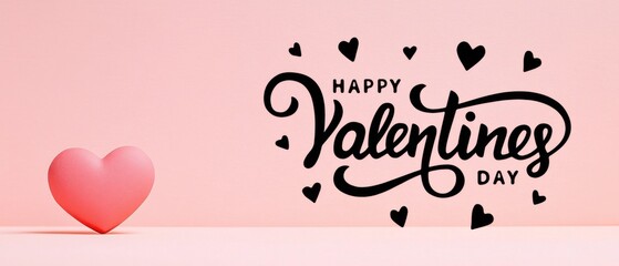 Happy Valentines Day text with black hearts and a pink heart on a light pink background, concept of love, romance, and holiday celebration