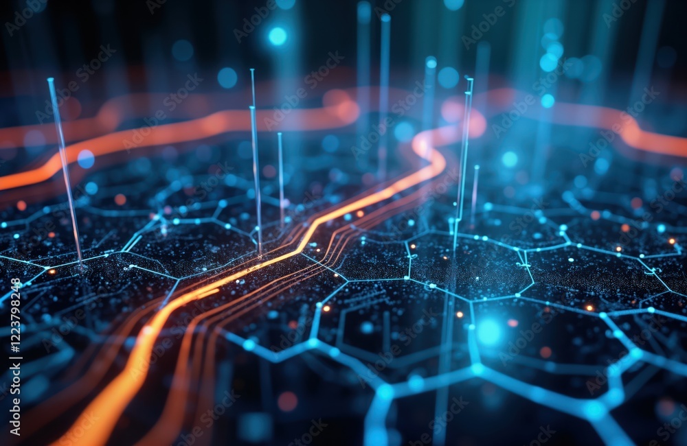 Leinwandbilder Futuristic tech illustration shows complex network pattern. Intricate design of digital connections, data flow. Orange, blue glowing lines, points form hexagonal grid. Abstract smart infrastructure