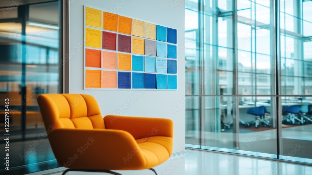 Poster a minimalist whiteboard filled with a color-coded workflow process in a sleek office.