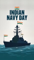 Indian Navy Day poster featuring warship on sea. National event celebrates maritime force. Illustration naval vessel with Indian flags. Celebrates national pride, defense. Powerful, resilient