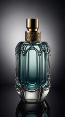 Unique glass perfume bottle featuring delicate designs on a dark atmospheric background perfume commercial advertisement display