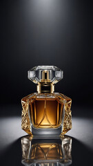 Unique glass perfume bottle with intricate artistic design against a dark atmospheric backdrop perfume commercial advertisement display