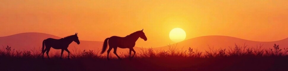 Horse and Donkey Silhouettes on Farm Path , #farm, #horses