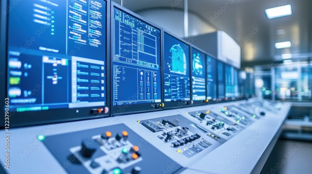 Poster a modern control room showcasing plc interfaces on multiple digital monitors.
