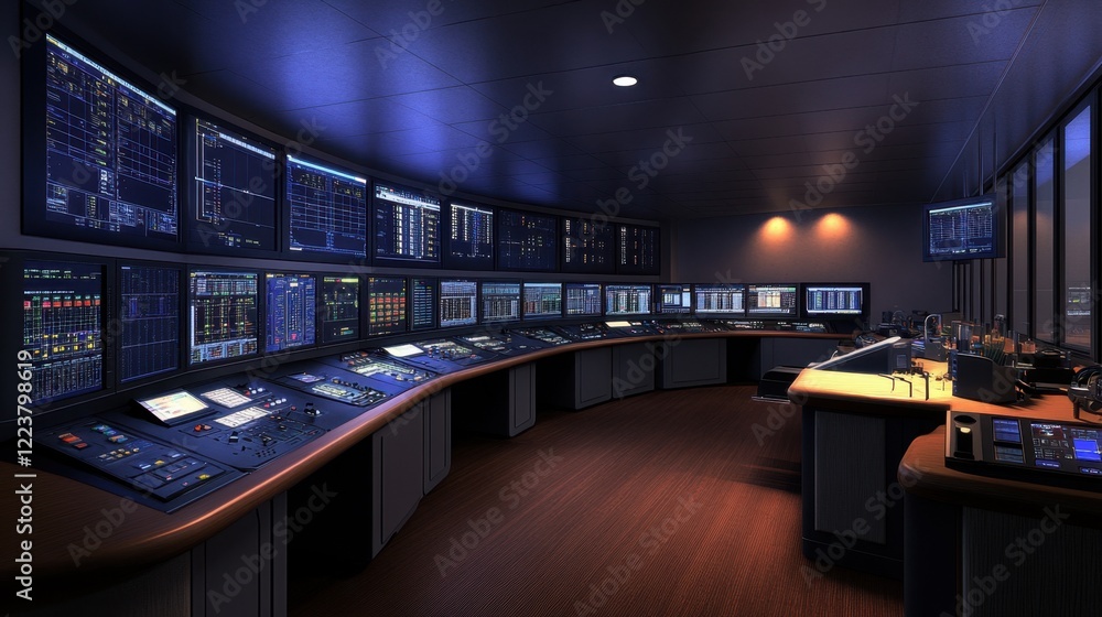 Poster a modern control room showcasing plc interfaces on multiple digital monitors.