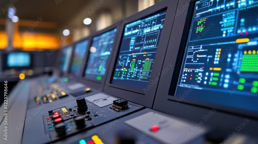 Poster a modern factory floor with scada screens monitoring machine efficiency and performance.