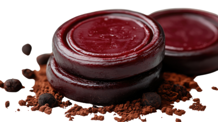 Dark Red Sealing Wax: Three discs of rich, dark red sealing wax are artfully stacked, resting on a bed of dark brown powder and peppercorns.
