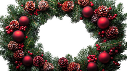 Festive Christmas Wreath:  A classic Christmas wreath crafted with evergreen boughs, adorned with gleaming red ornaments and rustic pinecones, radiating a warm and inviting holiday spirit.