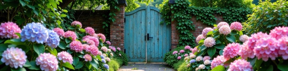 Hydrangea flowers surround a vintage-inspired garden gate with vines, flower, arbor, hydrangea
