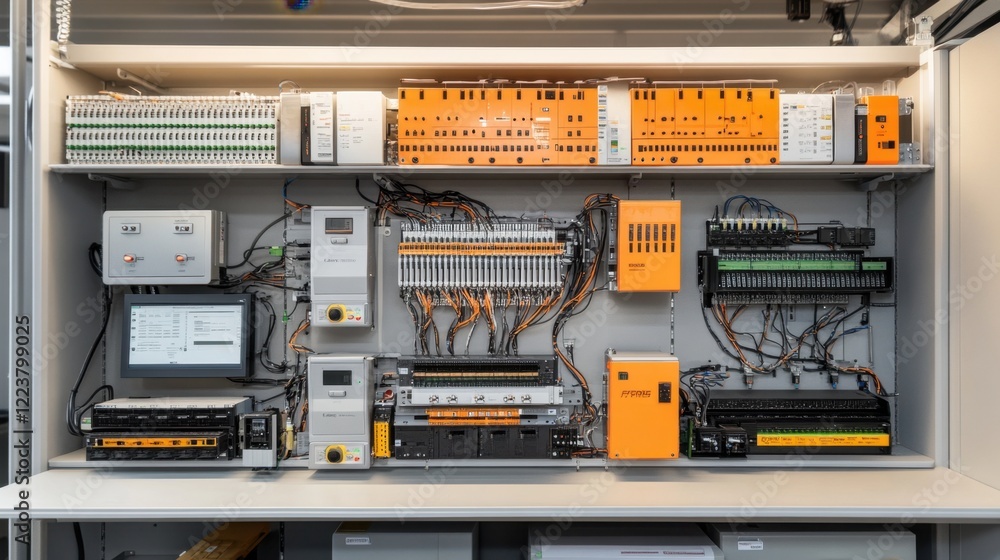 Poster a modern industrial setting with multiple plc panels connected to machinery.