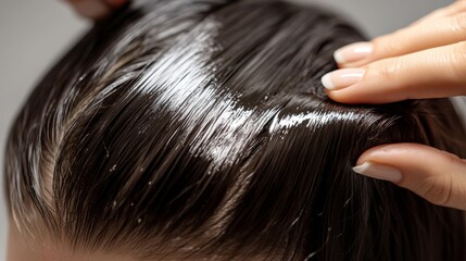 Fototapeta premium Hair treatment process showcasing shiny, healthy hair during a salon session in a cozy environment